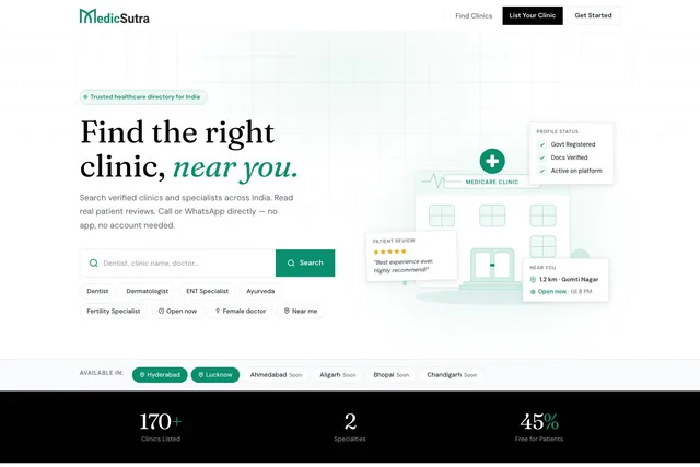 MedicSutra website for discovering doctors and clinics