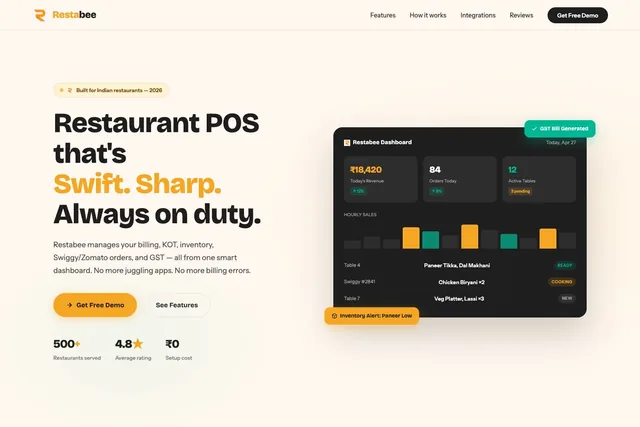 Restabee website explaining its restaurant POS and billing software