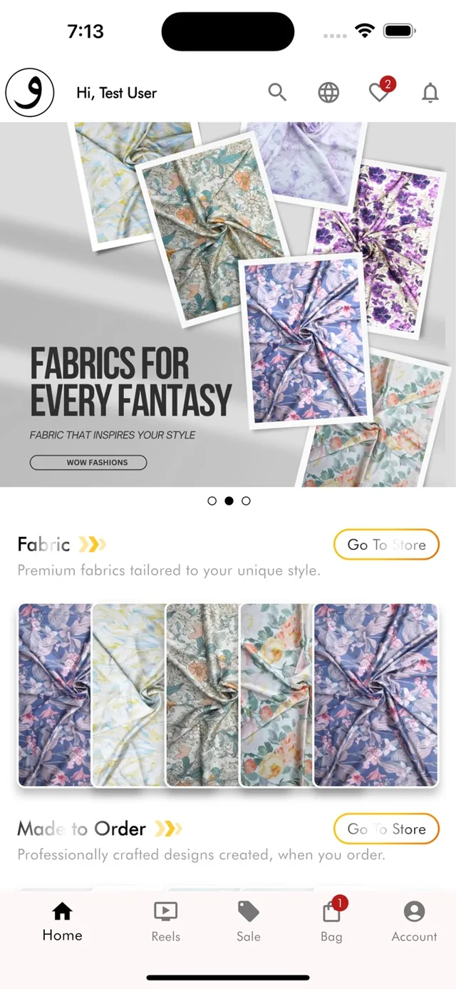 WOW Fashions shopping app home screen with fabric collections