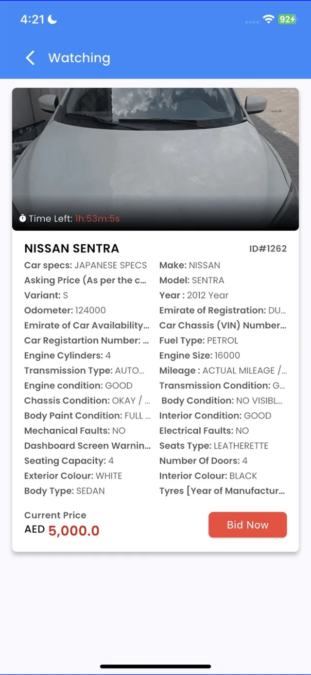 SazCars vehicle information and auction action